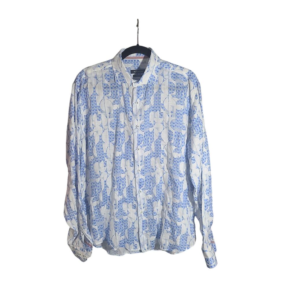 Bugatchi Classic Fit Blue /White Abstract Men's Linen Long Sleeve Dress Shirt L